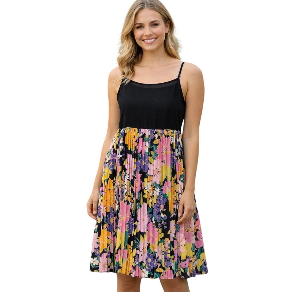Gracia Midi Pleated Dress Size XL Floral Spaghetti Strap‎ Square Neck NEW